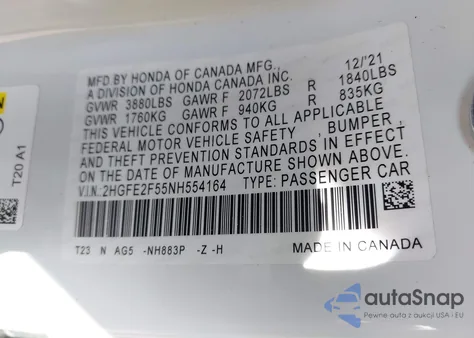 2022 Honda Civic Sport из США, поврежденный, VIN 2HGFE2F55NH554164